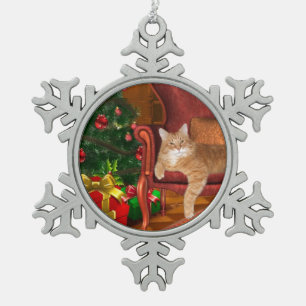 Orange tabby Christmas Snowflake Pewter Christmas Ornament