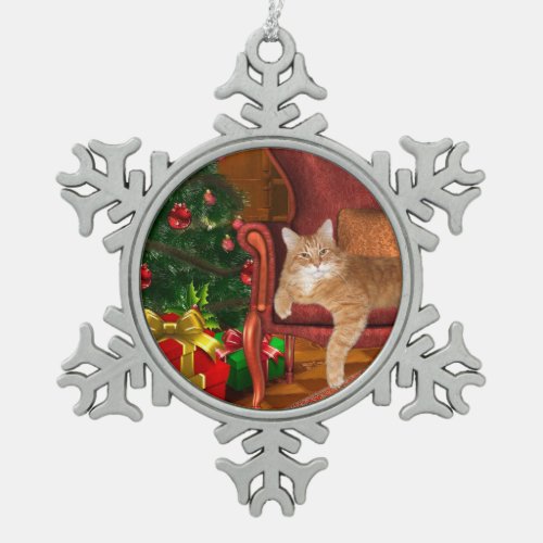 Orange tabby Christmas Snowflake Pewter Christmas Ornament