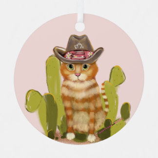Orange Tabby Cowboy Cat Metal Ornament