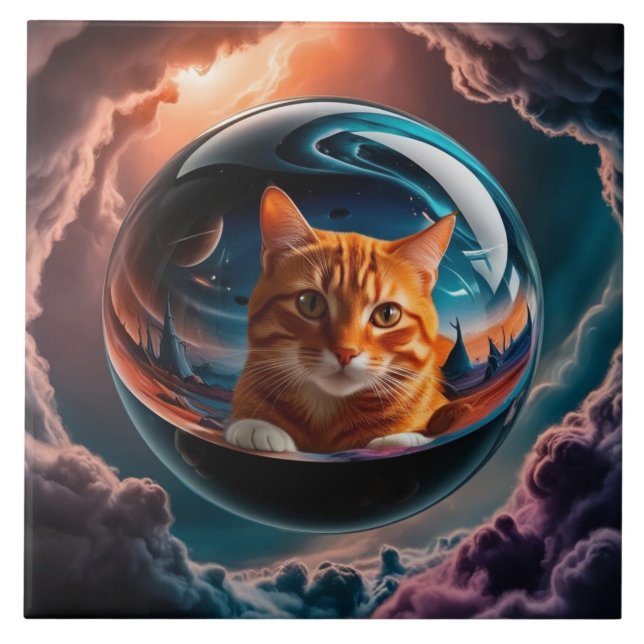 Orange Tabby Glass Sphere Decorative Tile (Front)