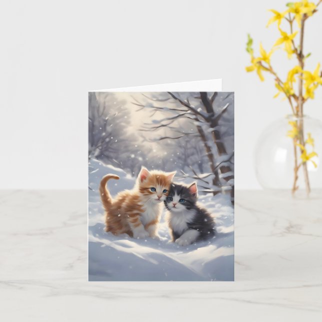 Orange Tabby Gray and White Cats Blank Greeting Card (Yellow Flower)