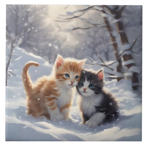 Orange Tabby Gray and White Cats Portrait  Ceramic Tile
