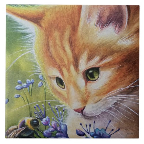 Orange Tabby Kitten  Bumblebee Watercolor Art Ceramic Tile