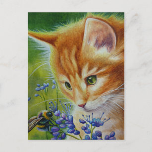 Orange Tabby Kitten & Bumblebee Watercolor Art Postcard