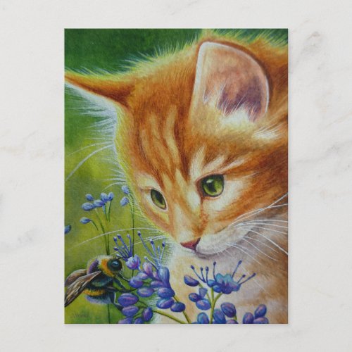 Orange Tabby Kitten  Bumblebee Watercolor Art Postcard