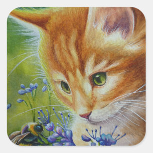 Orange Tabby Kitten & Bumblebee Watercolor Art Square Sticker