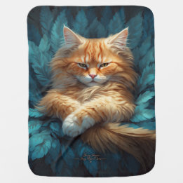 Orange Tabby Kitten in Bed of Blue Feathers Baby Blanket