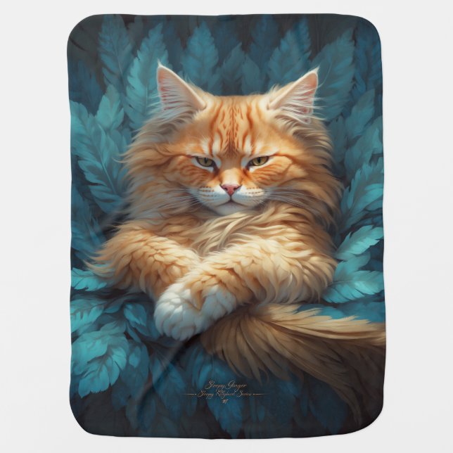 Orange Tabby Kitten in Bed of Blue Feathers Baby Blanket (Front)