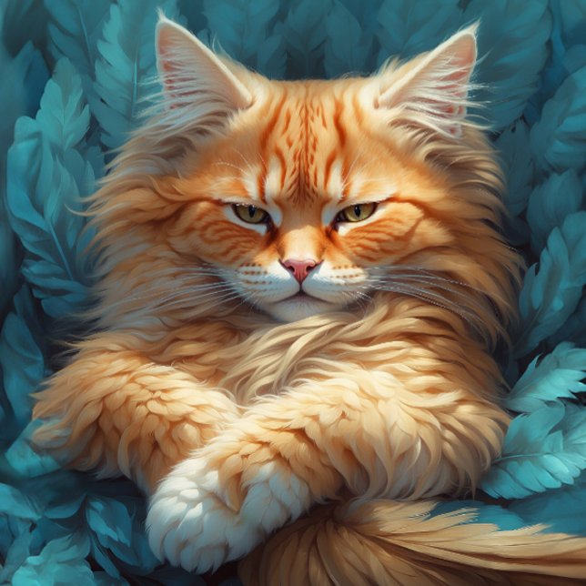 Orange Tabby Kitten in Bed of Blue Feathers Jigsaw Puzzle (Close- up of artwork)