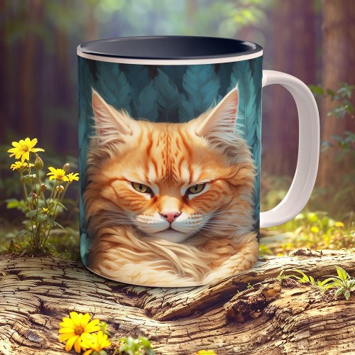 Orange Tabby Kitten in Bed of Blue Feathers Two_Tone Coffee Mug