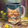 Orange Tabby Kitten in Bed of Blue Feathers Two-Tone Coffee Mug