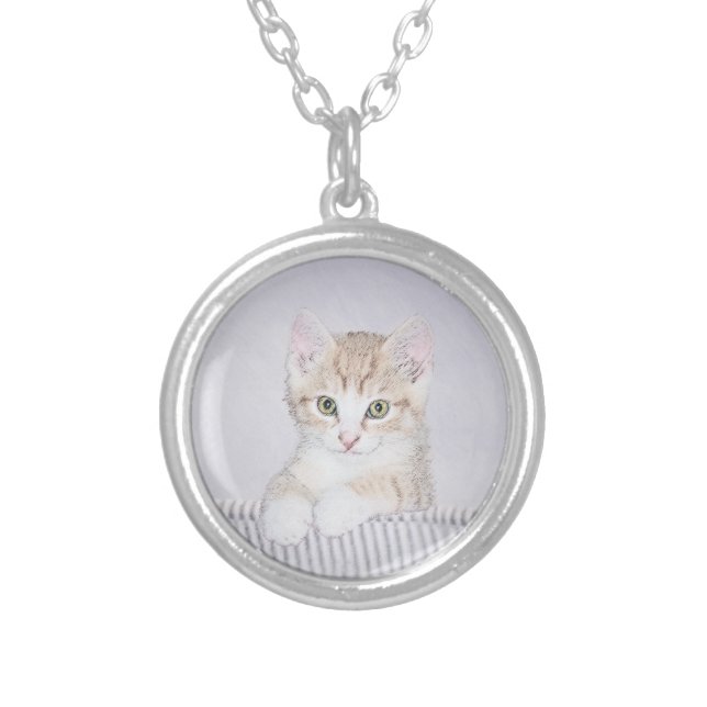 Orange Tabby Kitten Painting - Original Cat Art Silver Plated Necklace (Front)