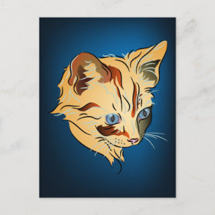 Orange Tabby Kitten with Blue Eyes on Blue Postcard