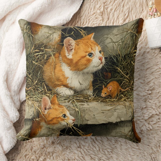 Orange Tabby Kittens Hunt For Mice Throw Pillow (Blanket)