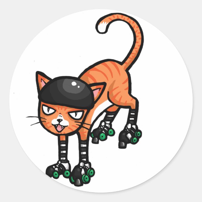 Orange tabby on rollerskates classic round sticker (Front)