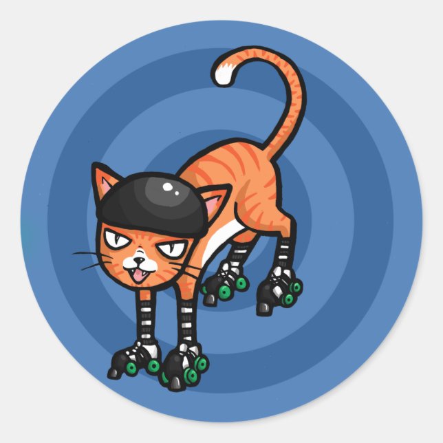 Orange tabby on rollerskates classic round sticker (Front)