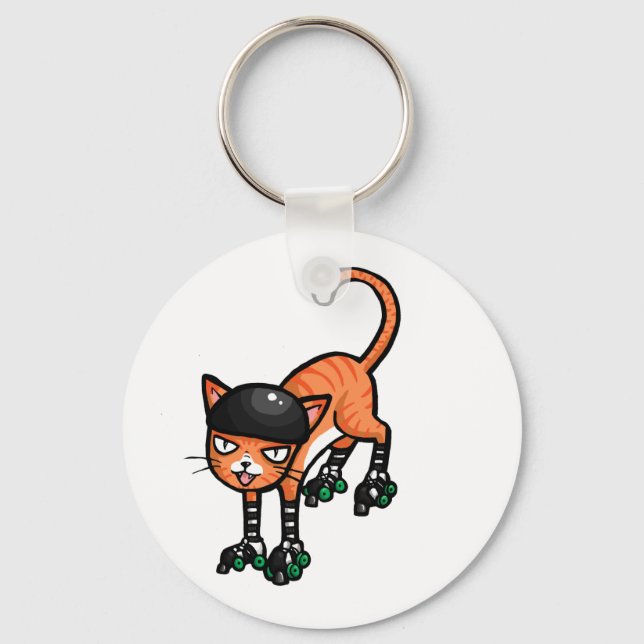 Orange tabby on rollerskates keychain (Front)