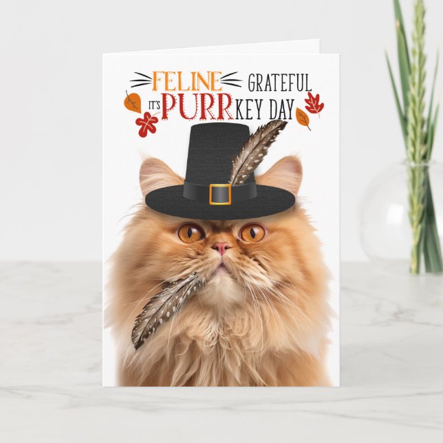 Orange Tabby Persian Cat Grateful for PURRkey Day Holiday Card (Front)