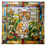 Orange Tabby Stained Glass Decorative Tile<br><div class="desc">An orange tabby kitten is portrayed in stained glass.</div>