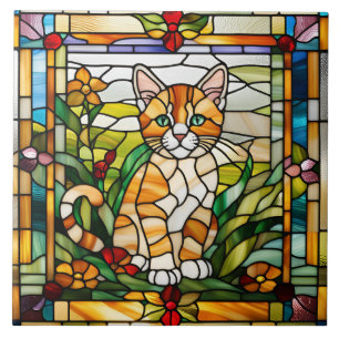 Orange Tabby Stained Glass Decorative Tile