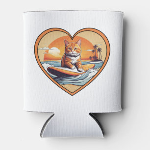 Orange Tabby Surfing Cat Can Cooler