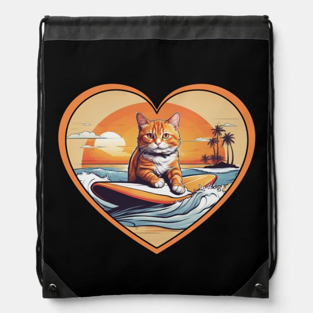 Orange Tabby Surfing Cat Drawstring Bag (Front)