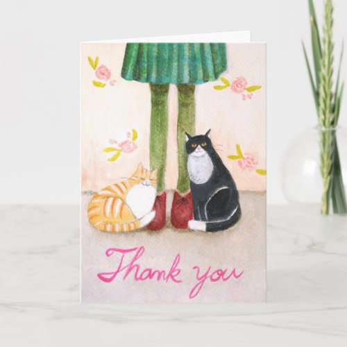 Orange Tabby & Tuxedo Cat snuggling to a Girl Letterpress Thank You Card