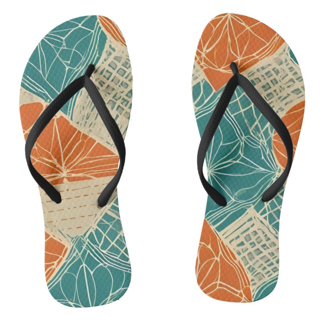Orange, Tan, and Teal Abstract Flip Flops (Footbed)