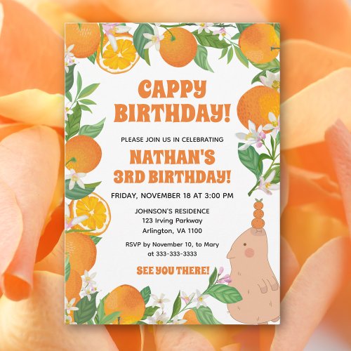 Orange Tangerine Capybara Kids Fun Cappy Birthday Invitation