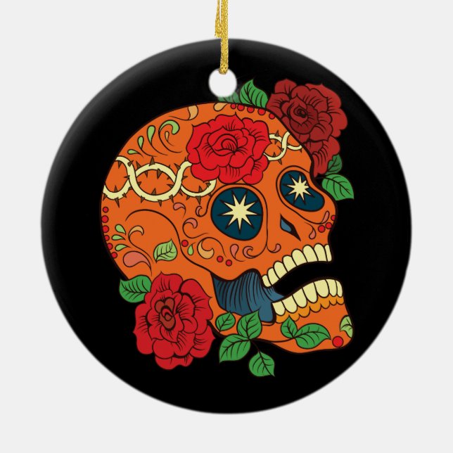 Orange Tattoo Day of Dead Sugar Skull Red Roses Ceramic Ornament (Back)