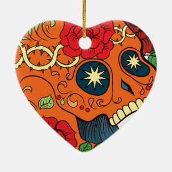Orange Tattoo Day Of Dead Sugar Skull Red Roses Ceramic Ornament by TattooSugarSkulls at Zazzle