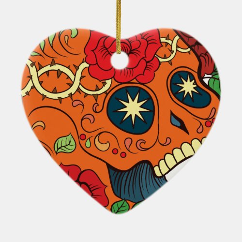 Orange Tattoo Day of Dead Sugar Skull Red Roses Ceramic Ornament