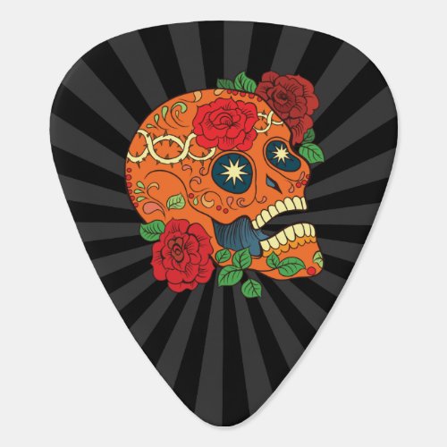Orange Tattoo Day of Dead Sugar Skull Red Roses Guitar Pick