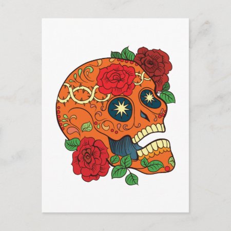 Orange Tattoo Day Of Dead Sugar Skull Red Roses Postcard