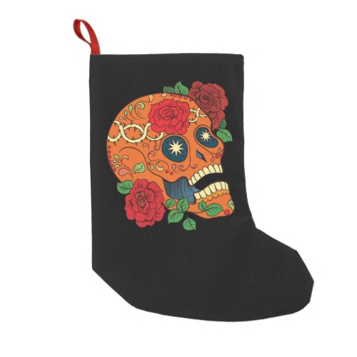 Orange Tattoo Day of Dead Sugar Skull Red Roses Small Christmas Stocking