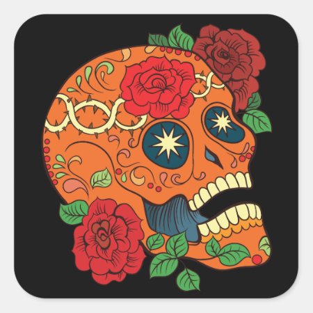 Orange Tattoo Day Of Dead Sugar Skull Red Roses Square Sticker