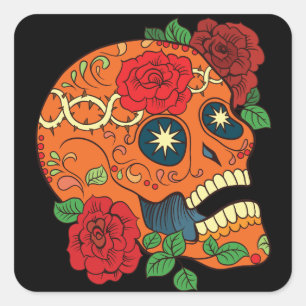 Orange Tattoo Day of Dead Sugar Skull Red Roses Square Sticker