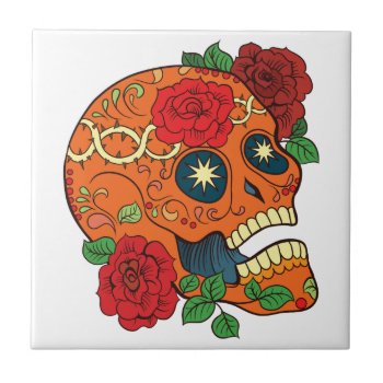 Orange Tattoo Day Of Dead Sugar Skull Red Roses Tile by TattooSugarSkulls at Zazzle