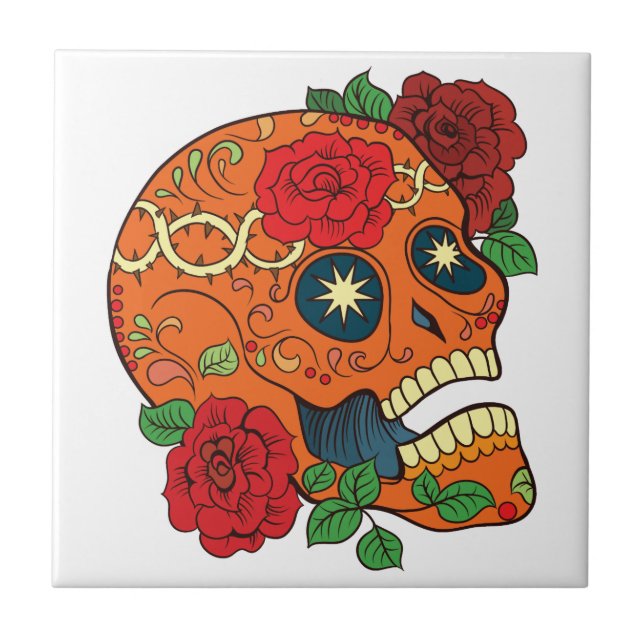 Orange Tattoo Day of Dead Sugar Skull Red Roses Tile (Front)