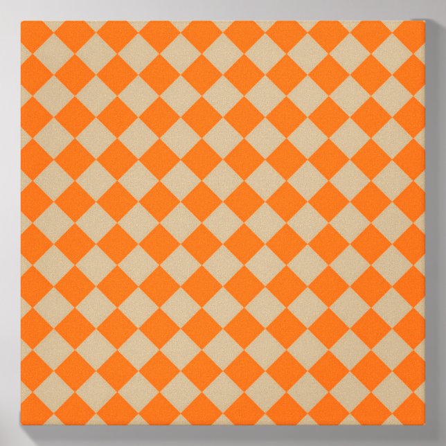 Orange Taupe Checker Diamond Pattern Canvas Photo Tile (Front Set)