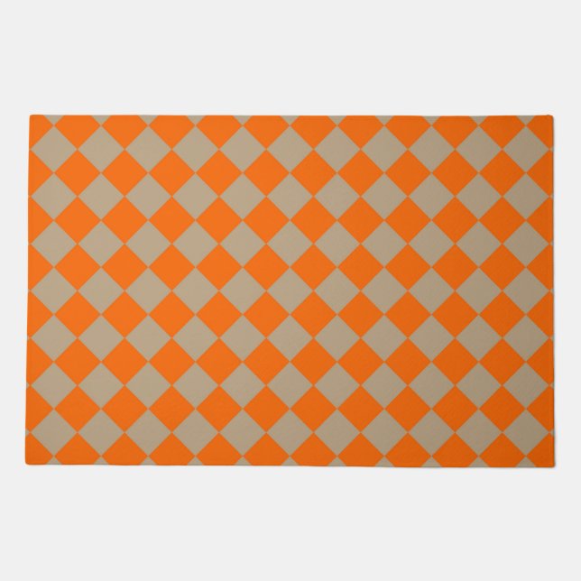 Orange Taupe Checker Diamond Pattern Doormat (Front)
