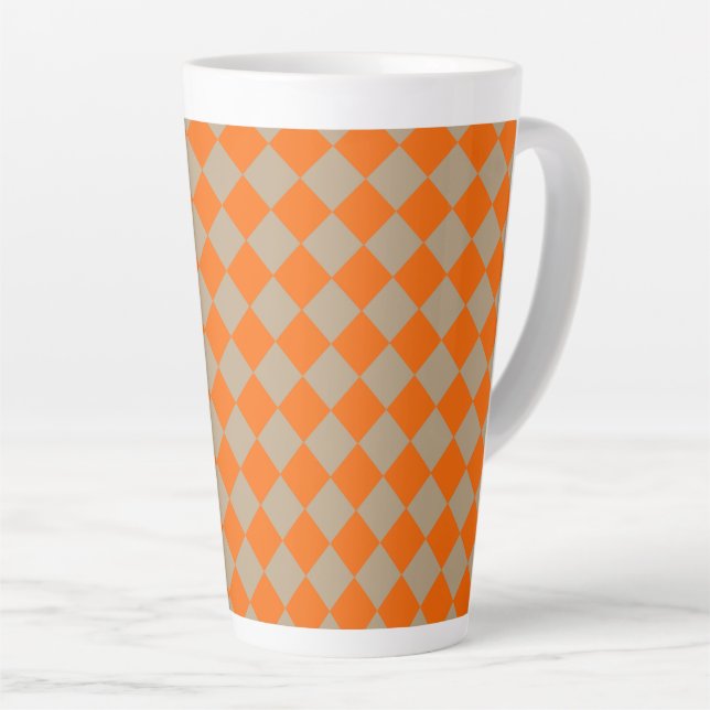 Orange Taupe Checker Diamond Pattern Latte Mug (Right Angle)