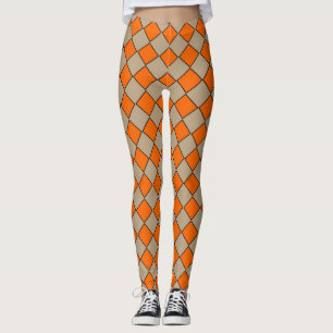 Orange Taupe Checker Diamond Pattern Leggings