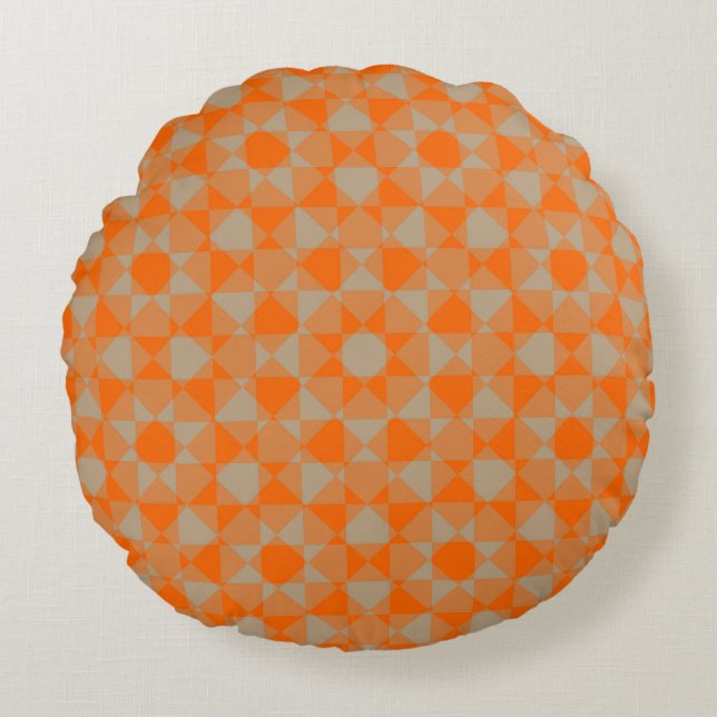 Orange Taupe Checker Diamond Plaid Pattern Round Pillow (Front)