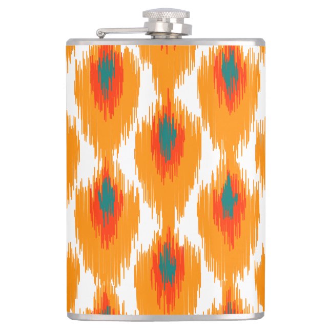 Orange Teal Abstract Tribal Ikat Diamond Pattern Flask (Front)