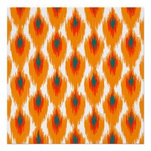 Orange Teal Abstract Tribal Ikat Diamond Pattern Poster