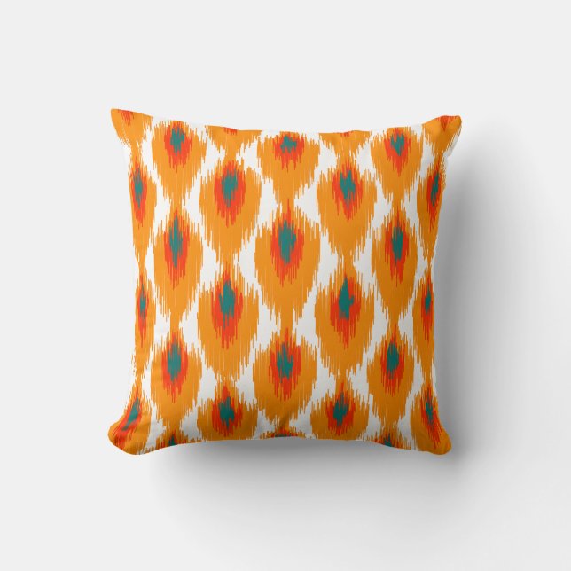 Orange Teal Abstract Tribal Ikat Diamond Pattern Throw Pillow (Front)