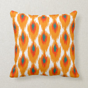 Orange Teal Abstract Tribal Ikat Diamond Pattern Throw Pillow