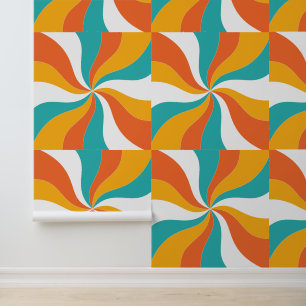 Orange, Teal and White Retro Abstract Pattern Wallpaper