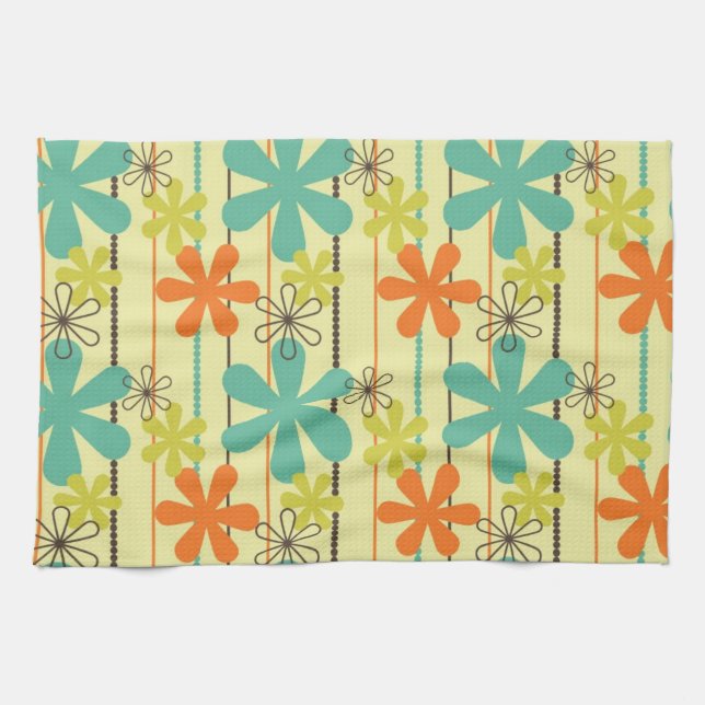 Orange, Teal, and Yellow-Green Flowers and Stripes Kitchen Towel (Horizontal)